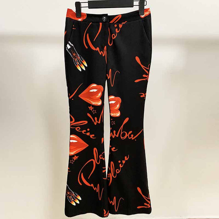 Womens Black Printing Blazer + Flare Trousers Suit Two Piece Formal Pantsuits