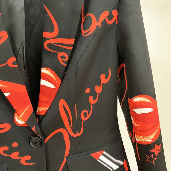 Womens Black Printing Blazer + Flare Trousers Suit Two Piece Formal Pantsuits