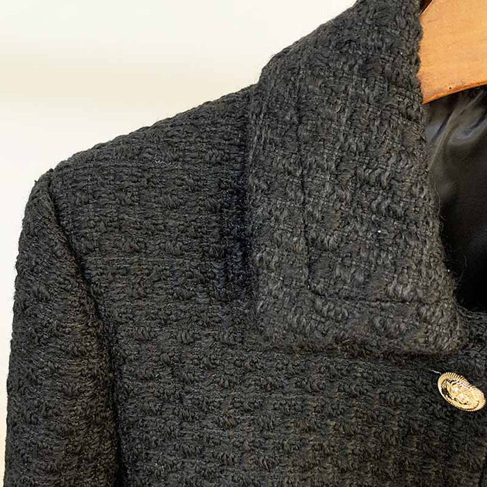Womens Black Tweed Wool Coat Short Stand Collar Blazer Jacket