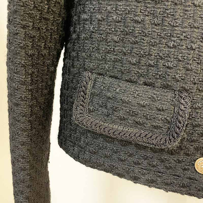 Womens Black Tweed Wool Coat Short Stand Collar Blazer Jacket
