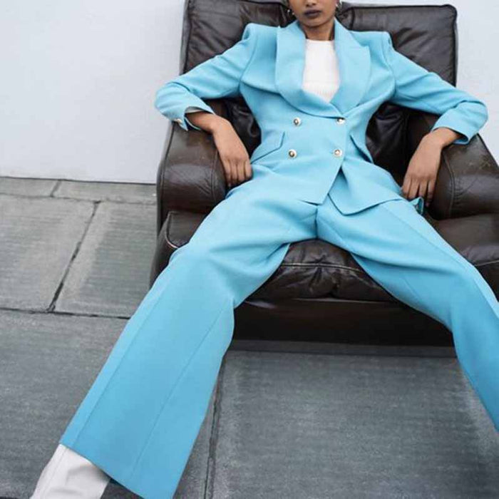 Women's Blazer Suits Double Breasted Two Piece Pant Suit Office Lady Suits