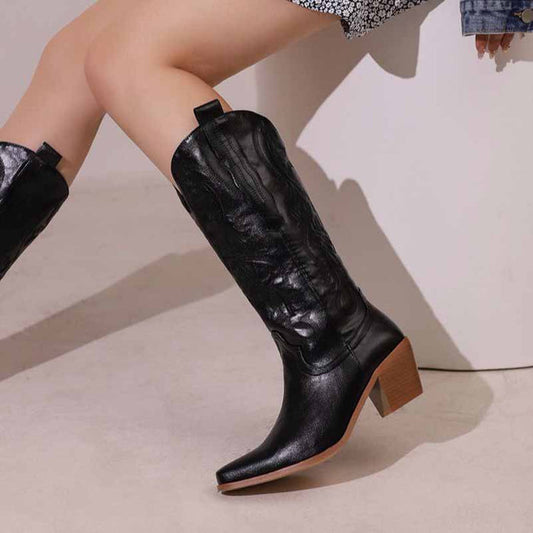 Women's block heel boots knee high embroidered cowgirl boots