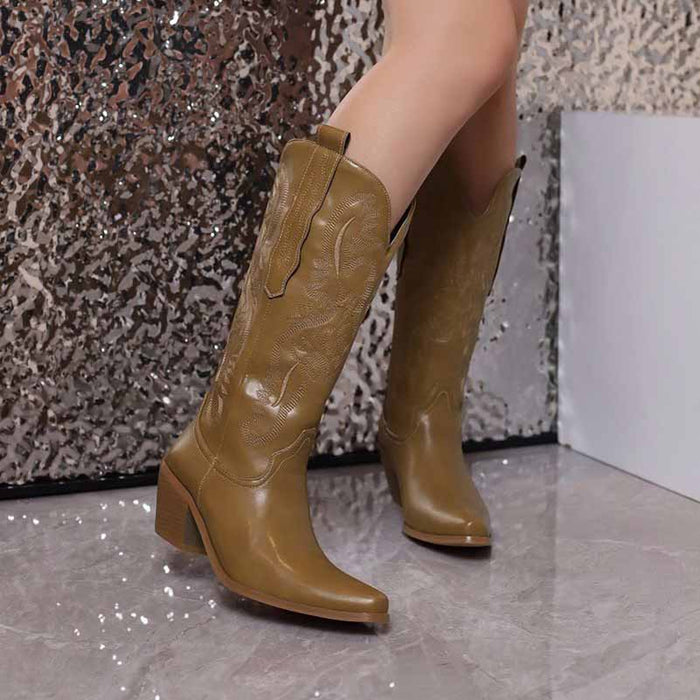 Women's block heel boots knee high embroidered cowgirl boots