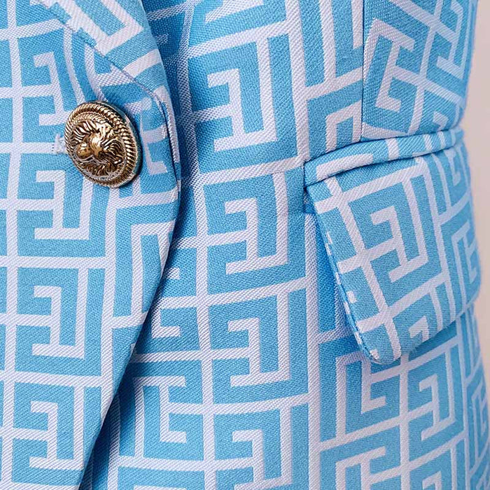 Women's Blue Blazer Labyrinth Pattern Jacket Coats with Gold Buttons
