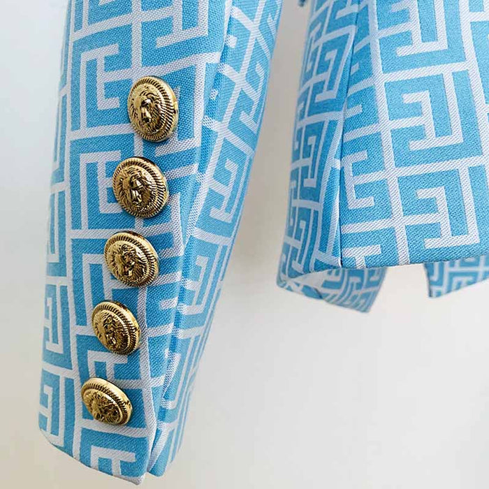 Women's Blue Blazer Labyrinth Pattern Jacket Coats with Gold Buttons