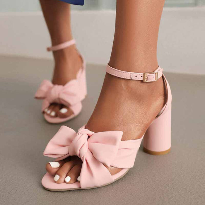 Women's Bow Knot Heeled Sandals Bridal Wedding Ankle Strap Chunky Heels