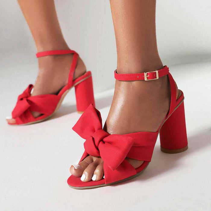 Women's Bow Knot Heeled Sandals Bridal Wedding Ankle Strap Chunky Heels