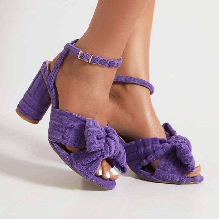 Women's Bow Knot Heeled Terry cloth Sandals Bridal Wedding Strap Chunky Heels