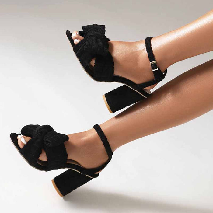 Women's Bow Knot Heeled Terry cloth Sandals Bridal Wedding Strap Chunky Heels