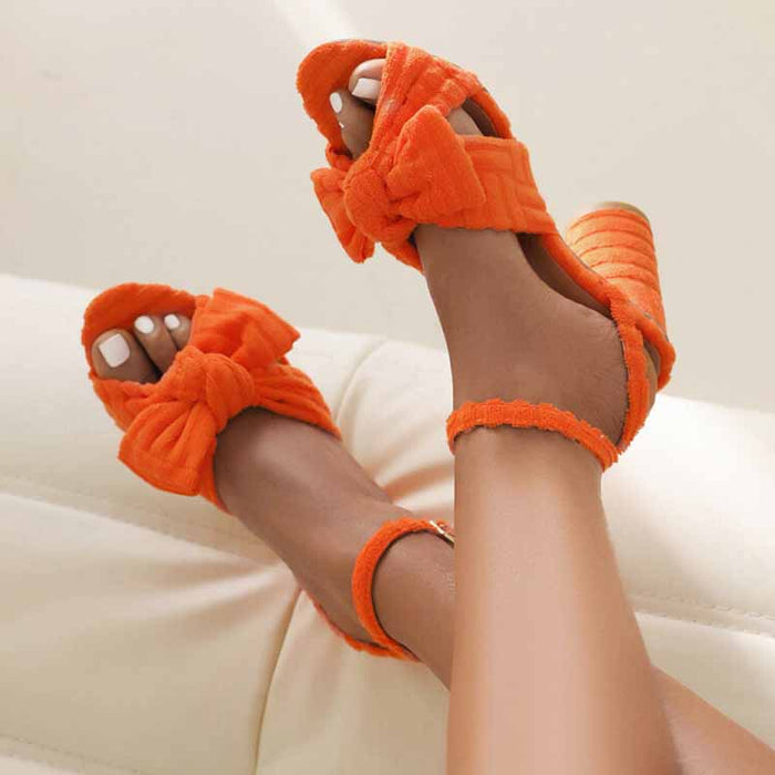 Women's Bow Knot Heeled Terry cloth Sandals Bridal Wedding Strap Chunky Heels
