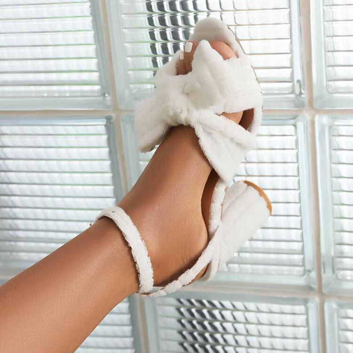 Women's Bow Knot Heeled Terry cloth Sandals Bridal Wedding Strap Chunky Heels