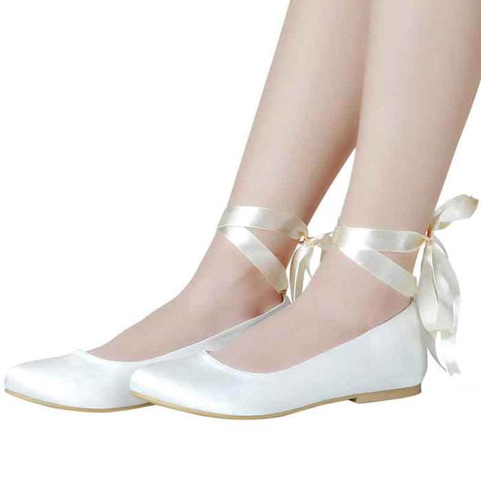 TC women's bridal satin flats with elegant ankle ribbons for a sophisticated wedding look