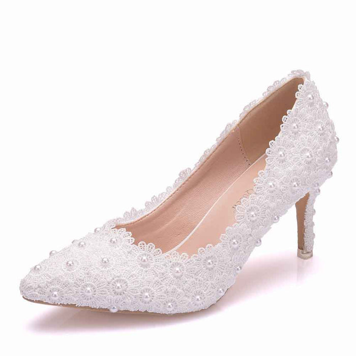 Women's Bridal Stiletto Heel Closed Toe Pumps with Imitation Pearl Applique