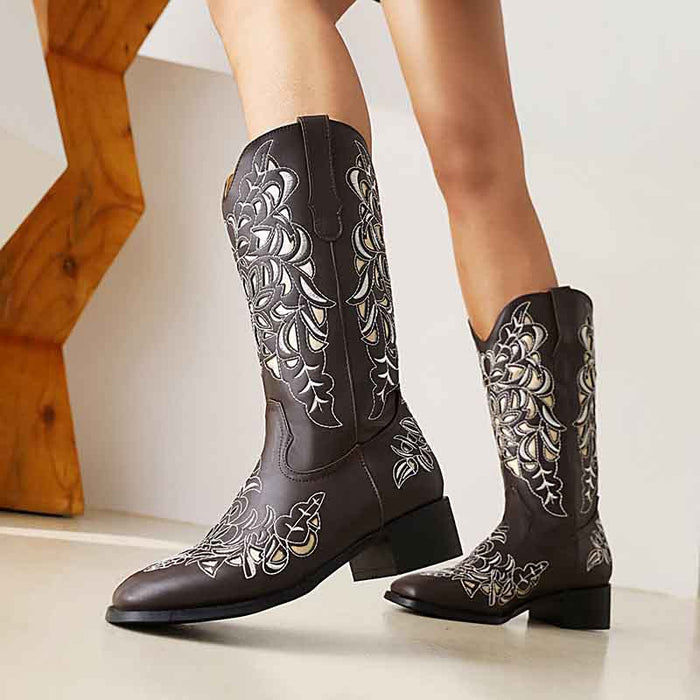 Women's Brown Cowgirl Boots Square Roe Short Embroidered Chunky Boots