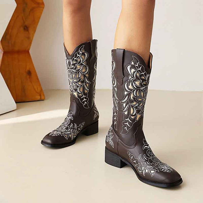 Women's Brown Cowgirl Boots Square Roe Short Embroidered Chunky Boots