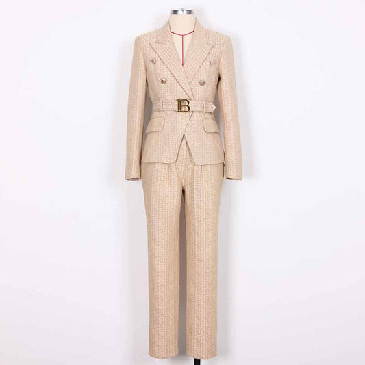 Women's Camel Pantsuit Gold Button Tie Belt Double Breasted Two Pieces Jacquard Suit