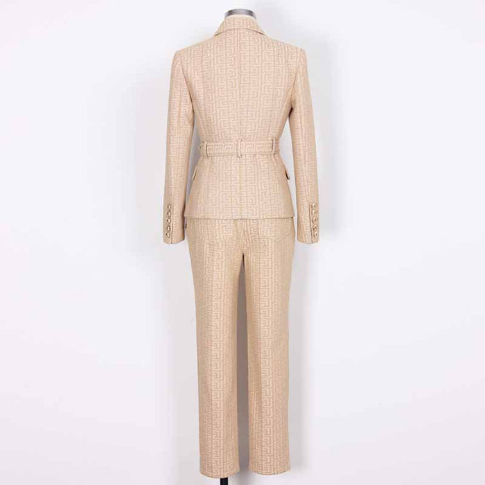 Women's Camel Pantsuit Gold Button Tie Belt Double Breasted Two Pieces Jacquard Suit
