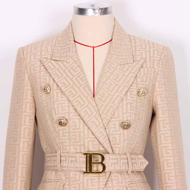 Women's Camel Pantsuit Gold Button Tie Belt Double Breasted Two Pieces Jacquard Suit