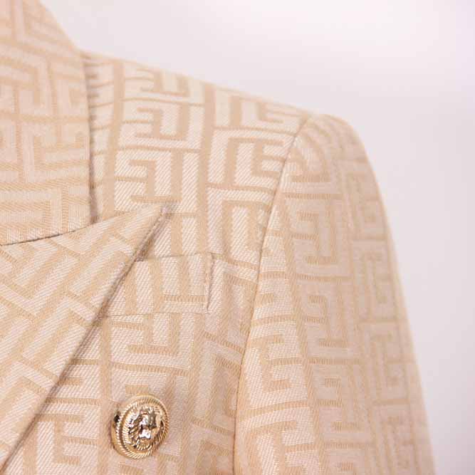 Women's Camel Pantsuit Gold Button Tie Belt Double Breasted Two Pieces Jacquard Suit