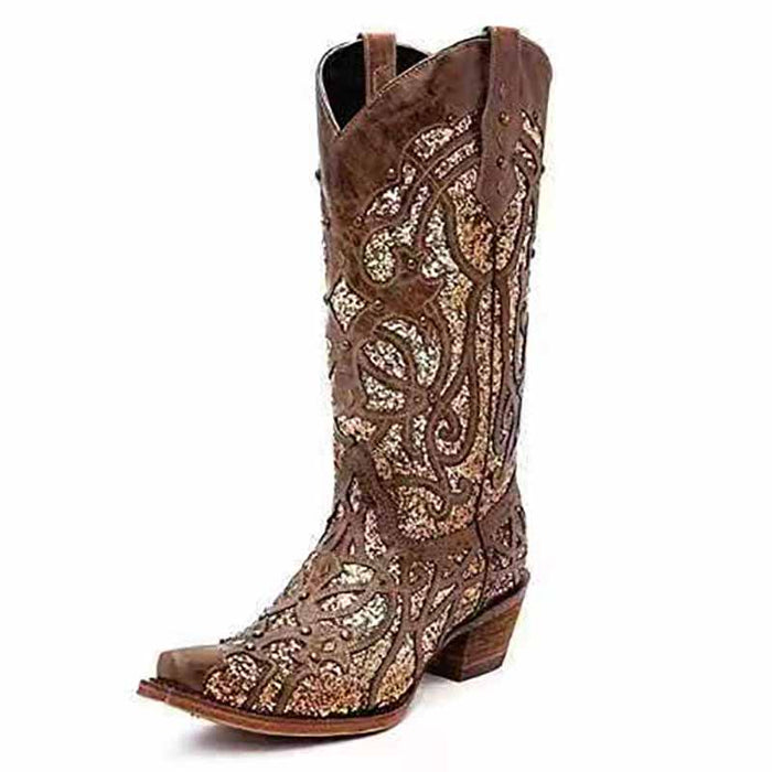 Womens Casual Western Cowboy Shoes Glitter Cowgirl Boots