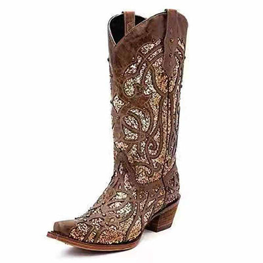 Womens Casual Western Cowboy Shoes Glitter Cowgirl Boots