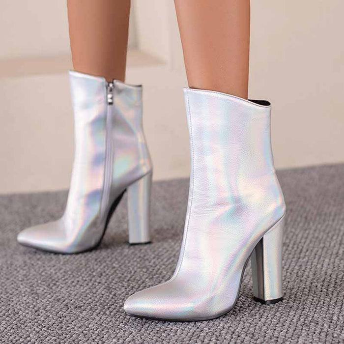 Womens Chunky Boots Zip Up Pointed Toe Ankle Booties