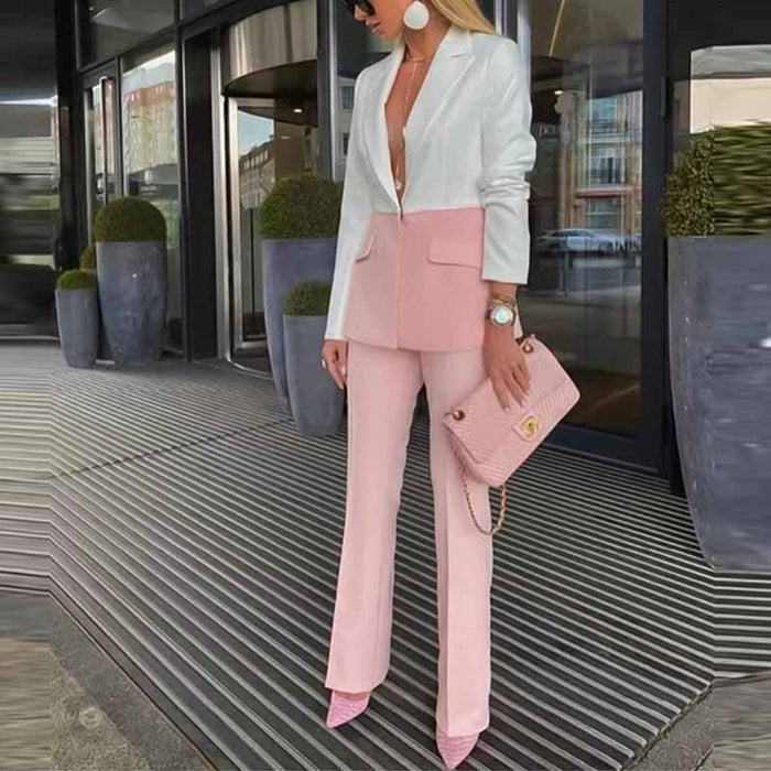 Women's Colorblocked Pantsuit Two Piece White Troubles Set