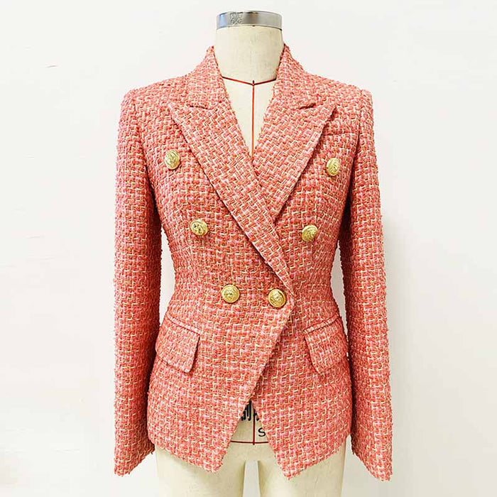 Womens Coral Jacket Gold Double Breasted Blazer Slim Fitting Tweed Coat