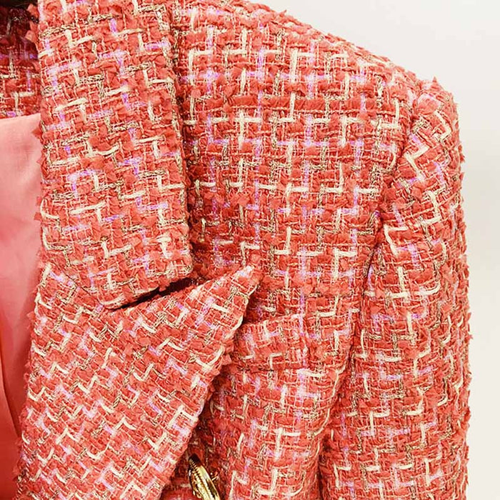 Womens Coral Jacket Gold Double Breasted Blazer Slim Fitting Tweed Coat