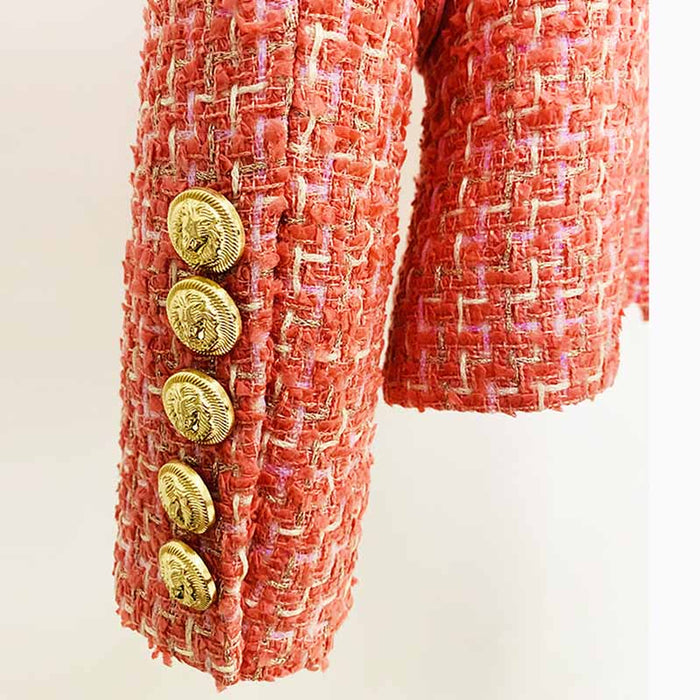 Womens Coral Jacket Gold Double Breasted Blazer Slim Fitting Tweed Coat