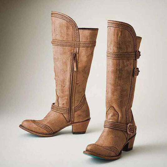 Elegant S&DCo. women's country cowboy boots in tan with stylish buckles and a comfortable heel