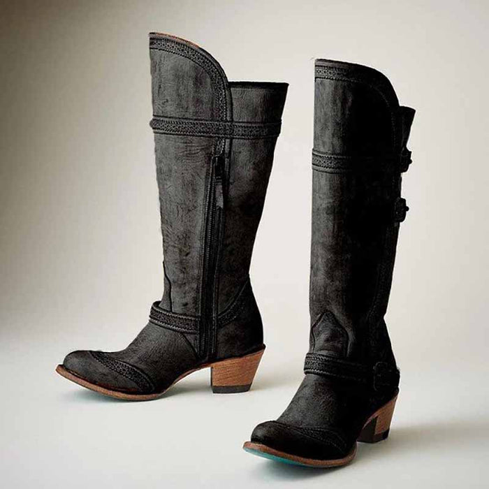 S&DCo. Women's country cowboy boots in black suede with decorative stitching and side zipper
