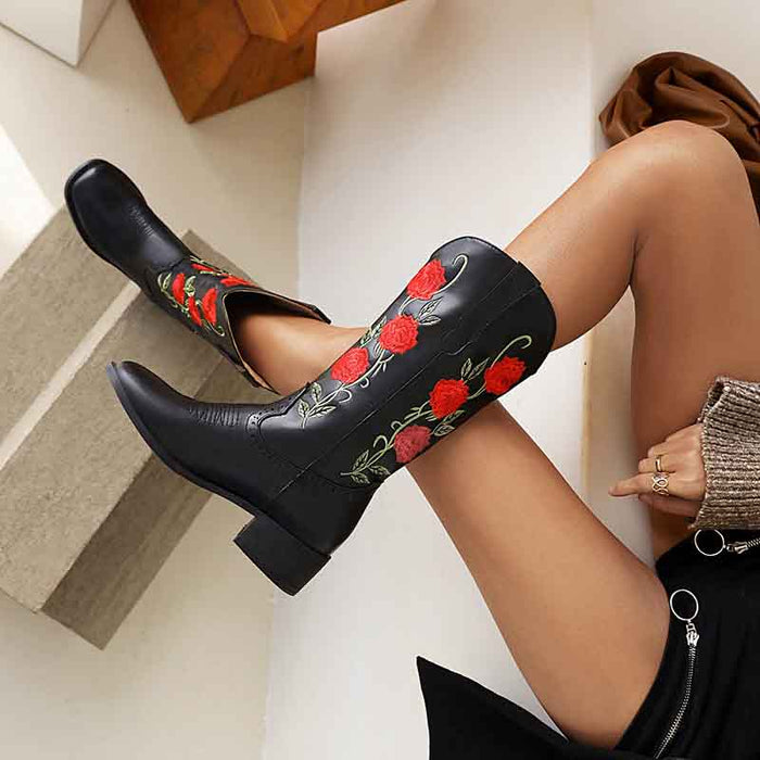 Women's Cowgirl Short Boots Embroidered Boots Chunky Black Boots
