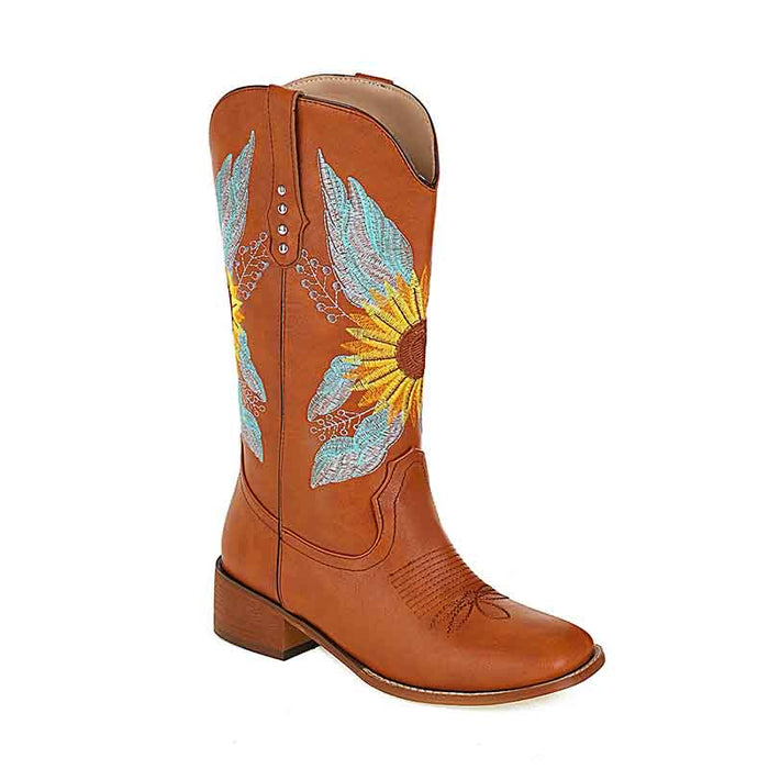 Women's Cowgirl Square Roe Short Boots Embroidered Brown Boots Chunky