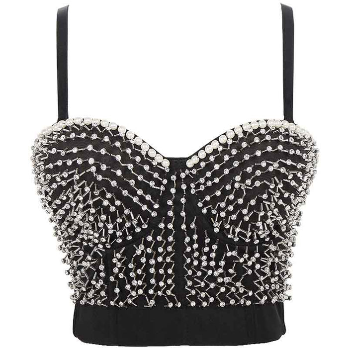 Womens Crop Tops Black Beaded Push Up Corset Bra Dance Top