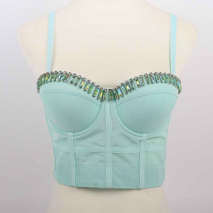 Womens Crop Tops Spaghetti Straps Beaded Push Up Corset Bra Party Top