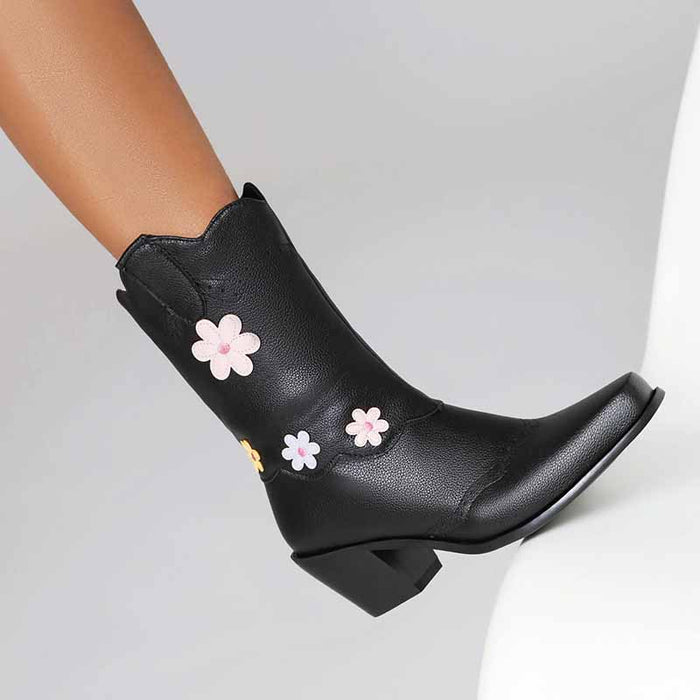 Women's cute mid-calf western boots with floral embellishments for a stylish look