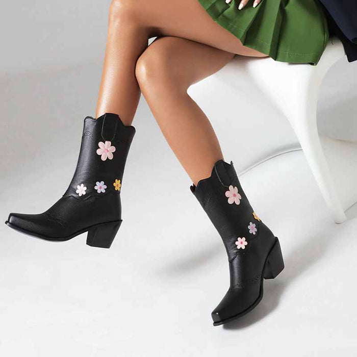 Stylish women's cute mid-calf western boots with colorful flower details for a trendy look