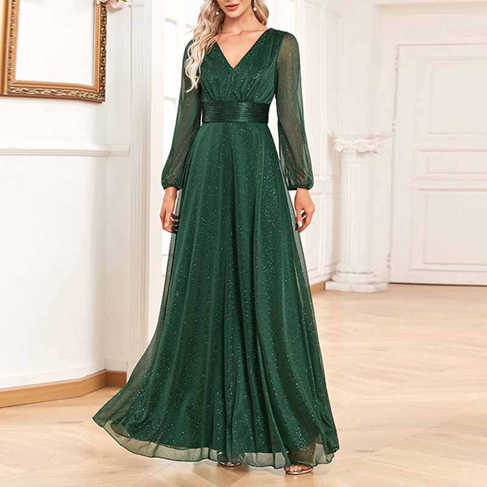 Women's Dark Green A-line Long Sleeve V-Neck Chiffon Mother of The Bride Dress