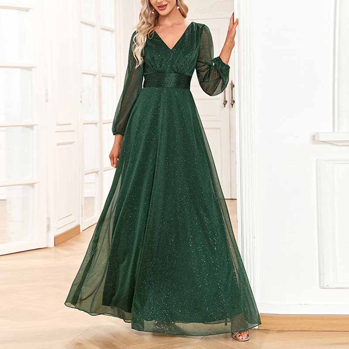 Women's Dark Green A-line Long Sleeve V-Neck Chiffon Mother of The Bride Dress