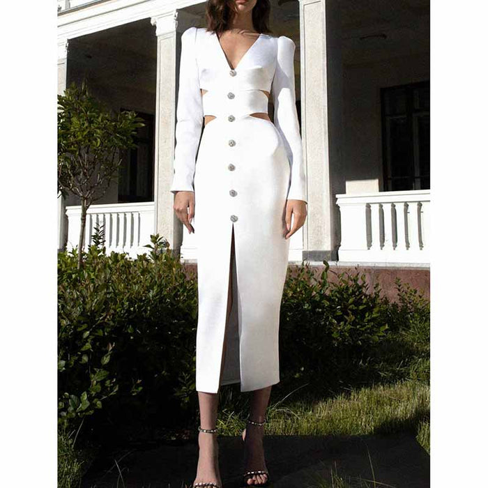 Women's Deep-V White Long Sleeve Hollow Out Dress One Piece High Split Dress