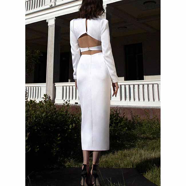 Women's Deep-V White Long Sleeve Hollow Out Dress One Piece High Split Dress