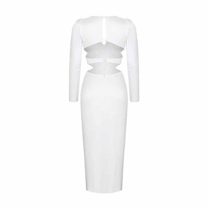 Women's Deep-V White Long Sleeve Hollow Out Dress One Piece High Split Dress