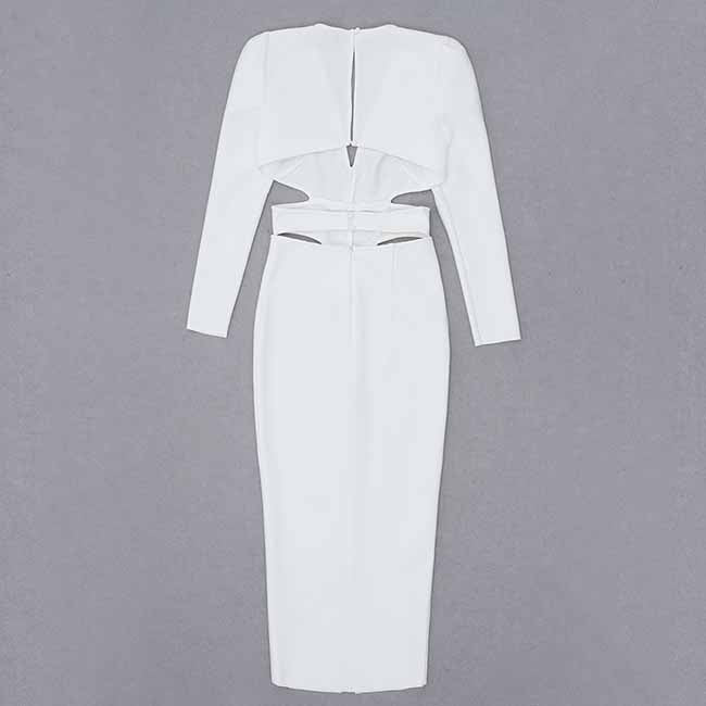 Women's Deep-V White Long Sleeve Hollow Out Dress One Piece High Split Dress