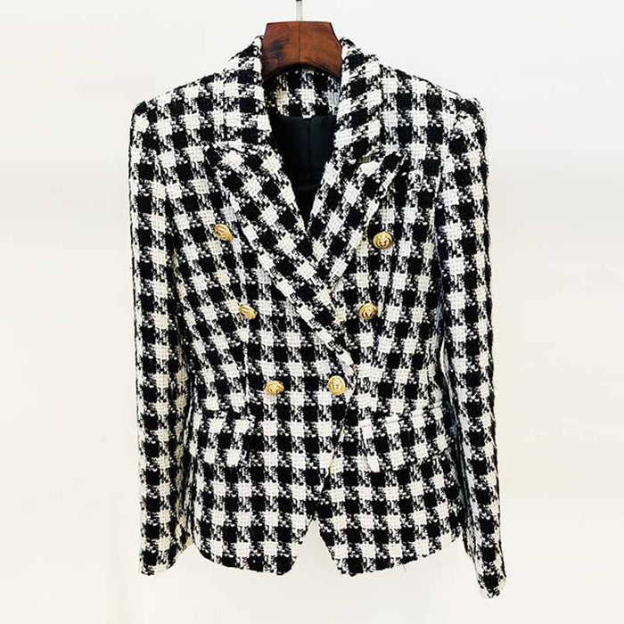 Women's double breasted black and white houndstooth blazer jacket