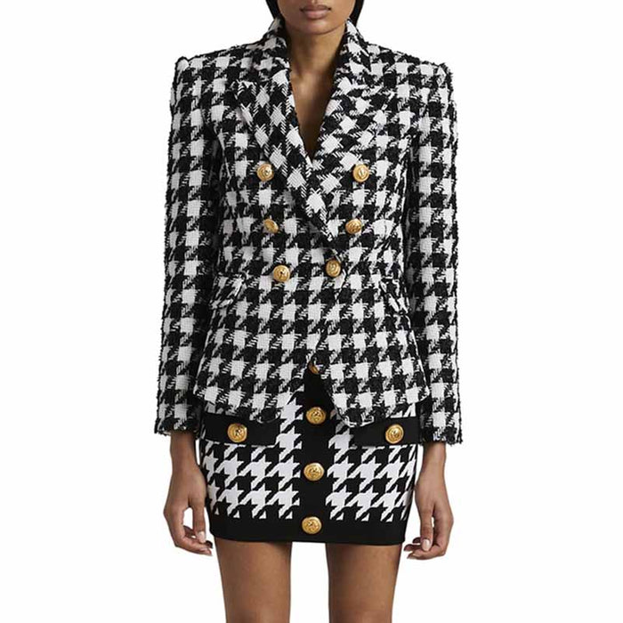 Women's double breasted black and white houndstooth blazer jacket