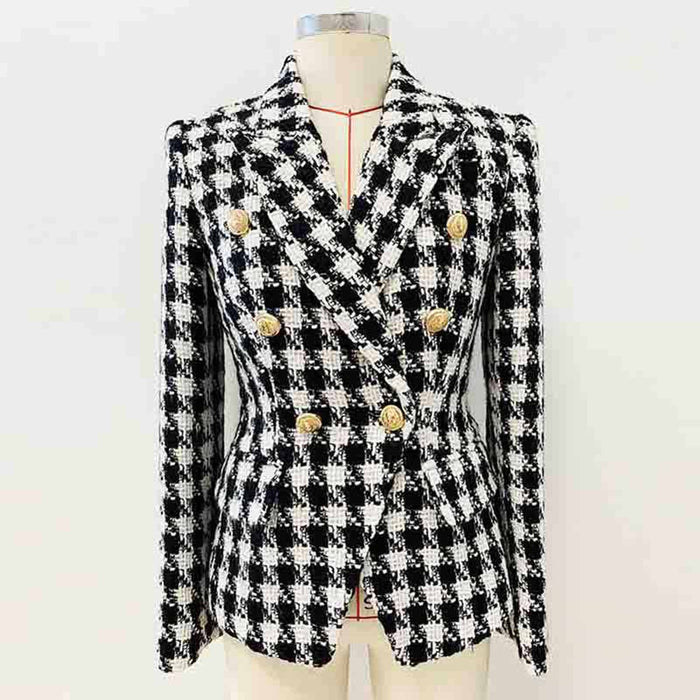 Women's double breasted black and white houndstooth blazer jacket