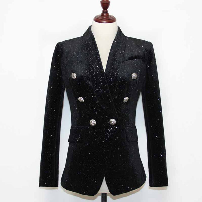 Women's Double Breasted Blazer Gold Buttons Autumn Winter Black Velvet Jacket