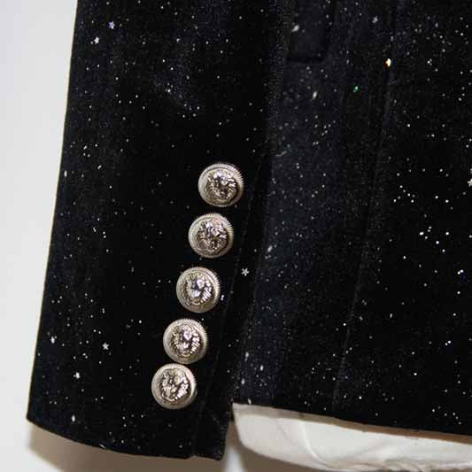 Women's Double Breasted Blazer Gold Buttons Autumn Winter Black Velvet Jacket