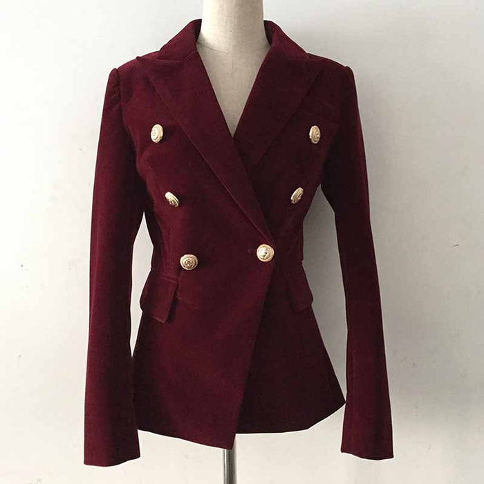 Women's Double Breasted Blazer Gold Buttons Autumn Winter Velvet Jacket